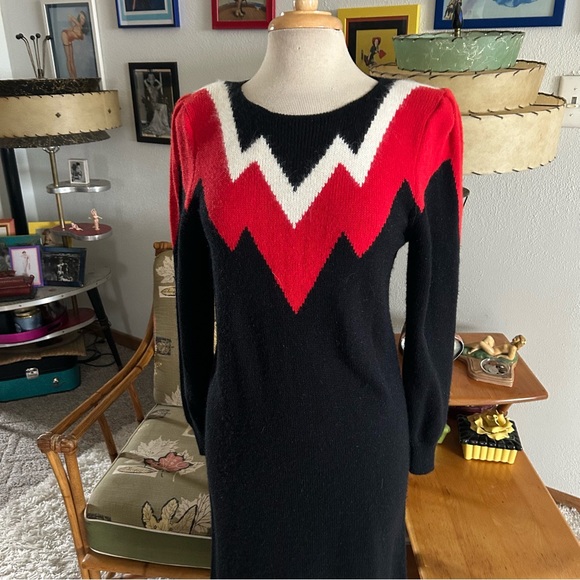SOLD Vintage 1940s Style Dress Sweater Knit Black Red M L Pinup 40s 80s - Picture 2 of 5